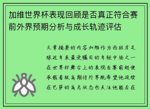 加维世界杯表现回顾是否真正符合赛前外界预期分析与成长轨迹评估